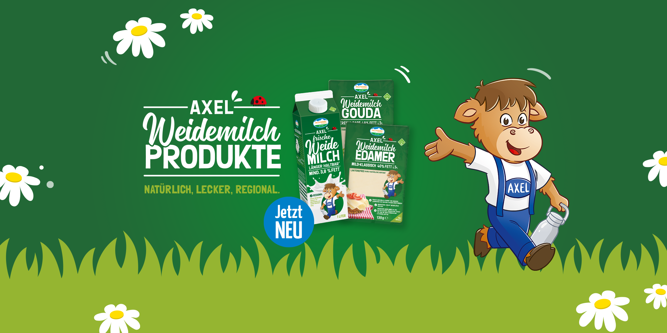 AXEL Weidemilch Produkte. Natürlich, lecker, regional. Abbildung der Produkte  AXEL frische Weidemilch, AXEL Weidemilch Gouda und AXEL Weidemilch Reibekäse. 