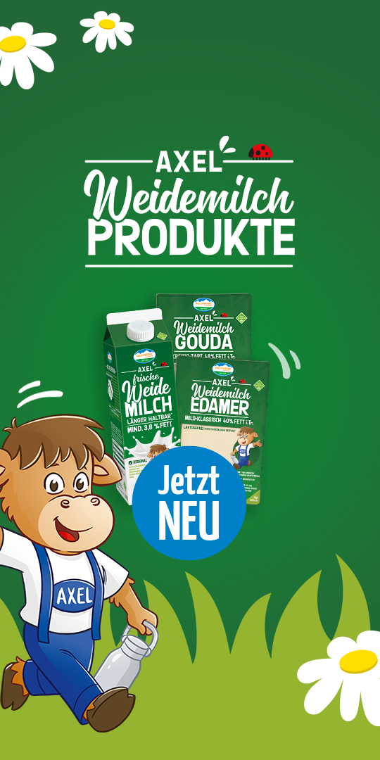 AXEL Weidemilch Produkte. Natürlich, lecker, regional. Abbildung der Produkte  AXEL frische Weidemilch, AXEL Weidemilch Gouda und AXEL Weidemilch Reibekäse. 